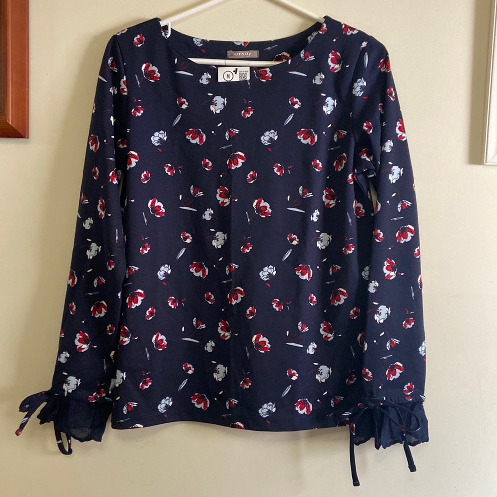 Orsay Blue Floral Top with Tie Sleeves